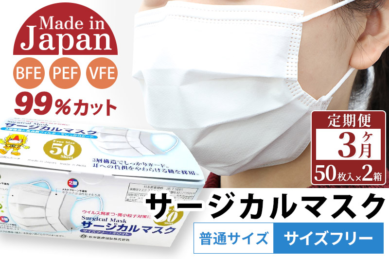 《定期便3ヶ月》国内製造 高性能サージカルマスク 普通サイズ 50枚入り×2箱 (合計100枚)×3回 3か月 3ヵ月 3カ月 3ケ月