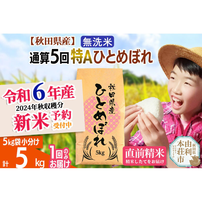 ※令和6年産 新米予約※《1回のみお届け》【無洗米】通算5回特A 秋田県産ひとめぼれ 計5kg (5kg×1袋)【2024年12月頃出荷予定】