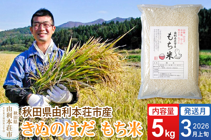 《予約受付》【2026年3月上旬発送・お彼岸】令和7年産【もち米】 5kg 秋田県 由利本荘市産 きぬのはだ 精米 5kg