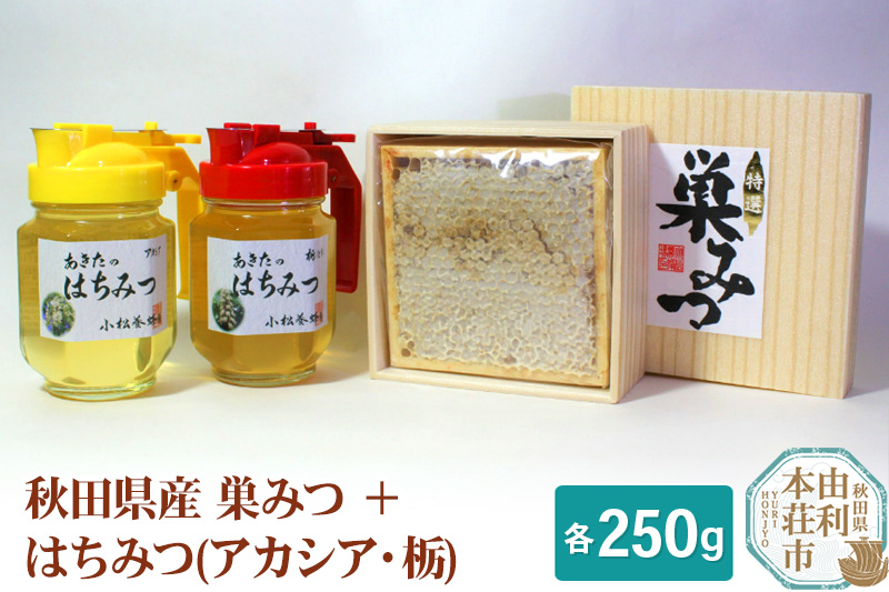 小松養蜂場 はちみつ 秋田県産 100％ 巣みつ(アカシア)  +アカシア・栃はちみつ各 250g セット