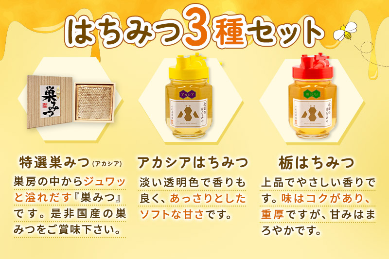 小松養蜂場 はちみつ 秋田県産 100％ 巣みつ(アカシア)  +アカシア・栃はちみつ各 250g セット