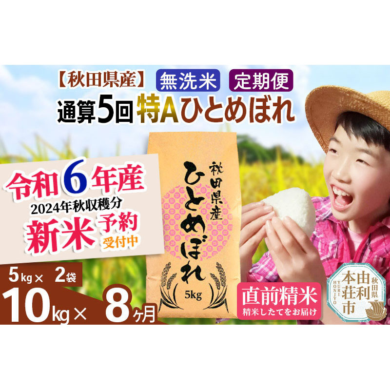 ※令和6年産 新米予約※《定期便8ヶ月》【無洗米】通算5回特A 秋田県産ひとめぼれ 計10kg (5kg×2袋) お届け周期調整 隔月もOK【2024年12月頃出荷予定】