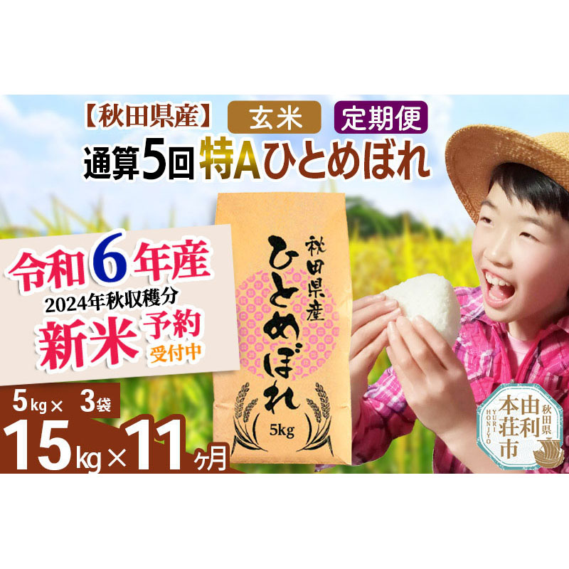 ※令和6年産 新米予約※《定期便11ヶ月》【玄米】通算5回特A 秋田県産ひとめぼれ 計15kg (5kg×3袋) お届け周期調整 隔月もOK【2024年12月頃出荷予定】