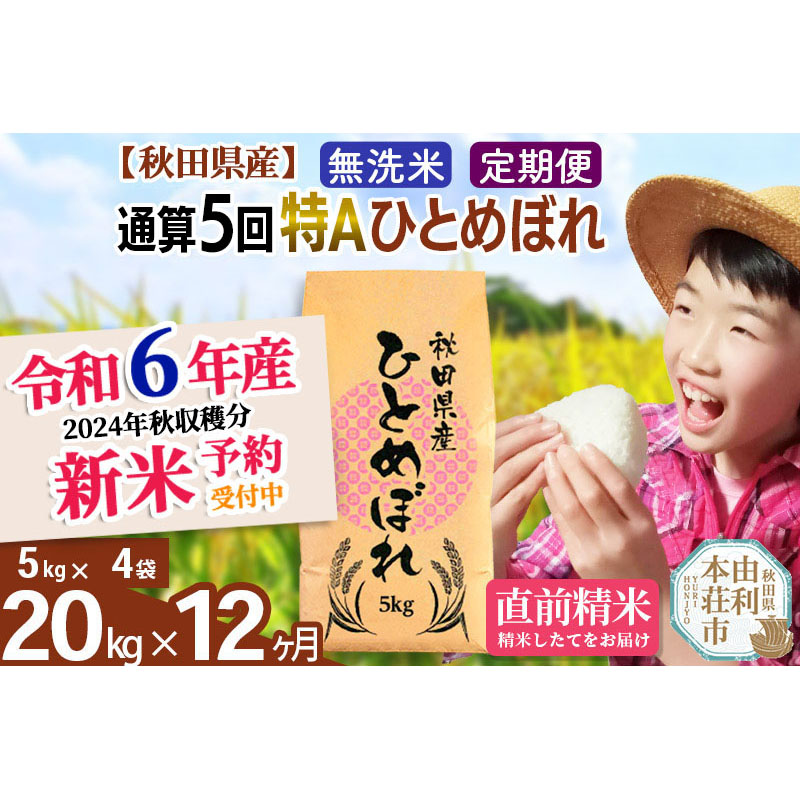 ※令和6年産 新米予約※《定期便12ヶ月》【無洗米】通算5回特A 秋田県産ひとめぼれ 計20kg (5kg×4袋) お届け周期調整 隔月もOK【2024年12月頃出荷予定】