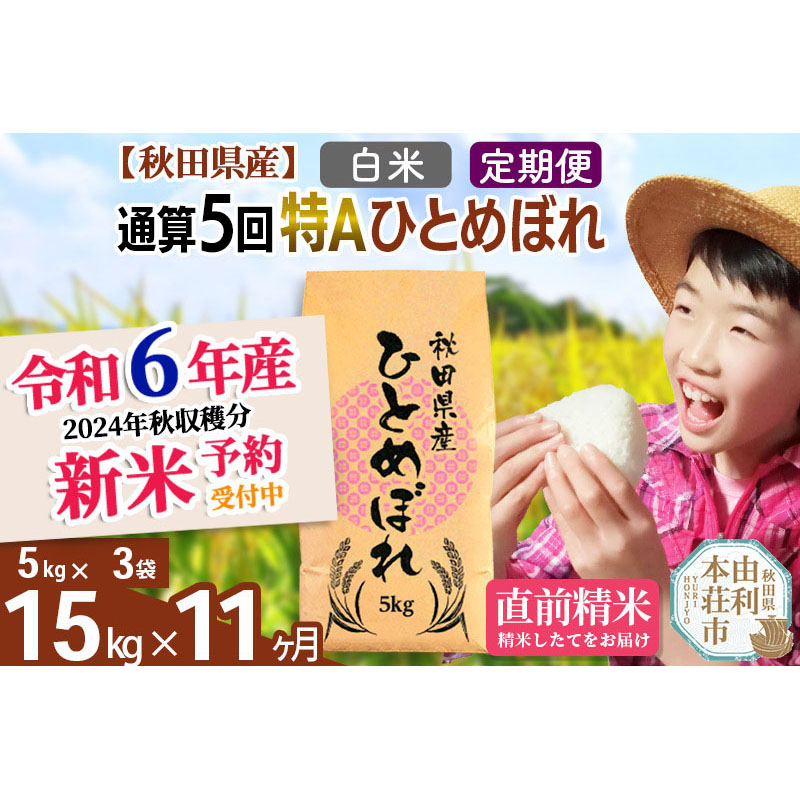 ※令和6年産 新米予約※《定期便11ヶ月》【白米】通算5回特A 秋田県産ひとめぼれ 計15kg (5kg×3袋) お届け周期調整 隔月もOK【2024年12月頃出荷予定】