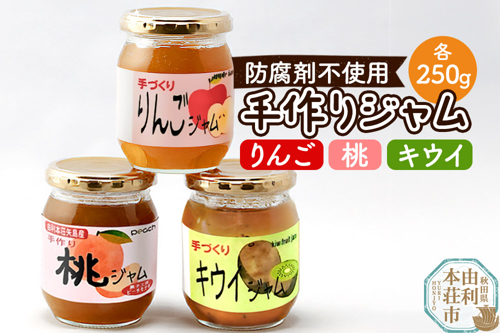 茂木農園 秋田県産 手作りジャムセットB 合計750g（りんご、桃、キウイ 各250g）