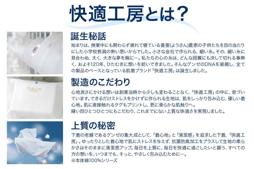 GUNZE【快適工房】長袖U首 ホワイト（KQ3010）Mサイズ 3枚 肌着 メンズ 男性用 [GUNZE グンゼ 肌着 長袖 長袖U首 快適工房 ホワイト 白 メンズ 紳士 男性用 コットン 綿100％ 肌触りの良い 着心地よい 抗菌防臭加工 ロングセラー ブランド]