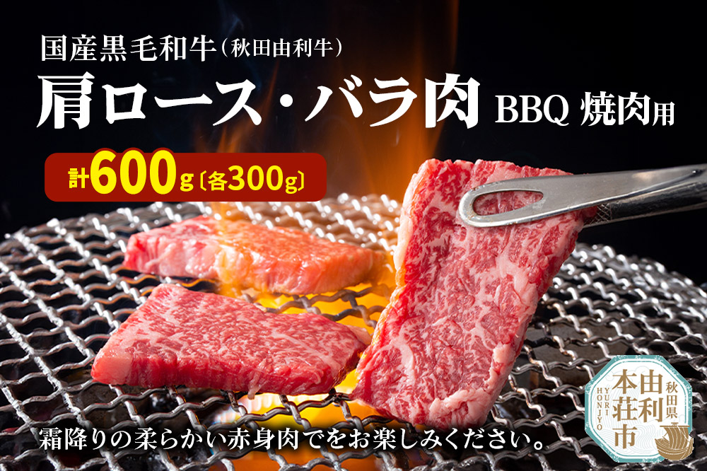 国産黒毛和牛 秋田由利牛 BBQ・焼肉セット 合計600g (肩ロース 300g バラ焼肉用300g)