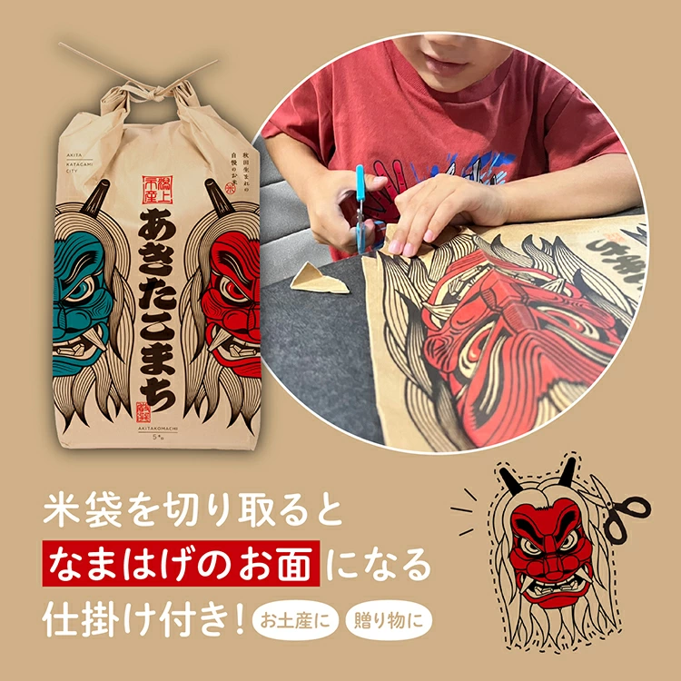 《令和7年産》【3か月定期便】《白米》あきたこまち なまはげ 米袋 米 5kg×3回 一等米 ギフト パッケージ 限定デザイン 紙袋 リメイク 工作 お面 こども お土産 秋田 潟上市 【こまちライン】