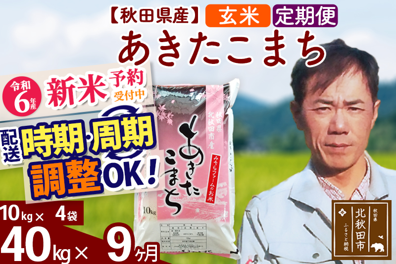 ※令和6年産 新米予約※《定期便9ヶ月》秋田県産 あきたこまち 40kg【玄米】(10kg袋) 2024年産 お届け時期選べる お届け周期調整可能 隔月に調整OK お米 みそらファーム