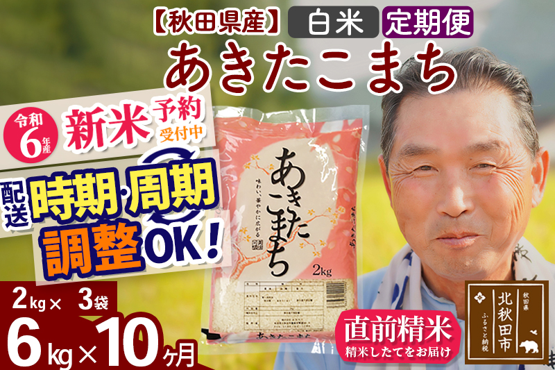 ※令和6年産 新米予約※《定期便10ヶ月》秋田県産 あきたこまち 6kg【白米】(2kg小分け袋) 2024年産 お届け時期選べる お届け周期調整可能 隔月に調整OK お米 おおもり