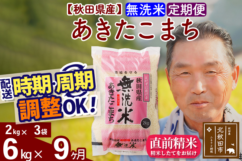 ※令和6年産 新米※《定期便9ヶ月》秋田県産 あきたこまち 6kg【無洗米】(2kg小分け袋) 2024年産 お届け時期選べる お届け周期調整可能 隔月に調整OK お米 おおもり