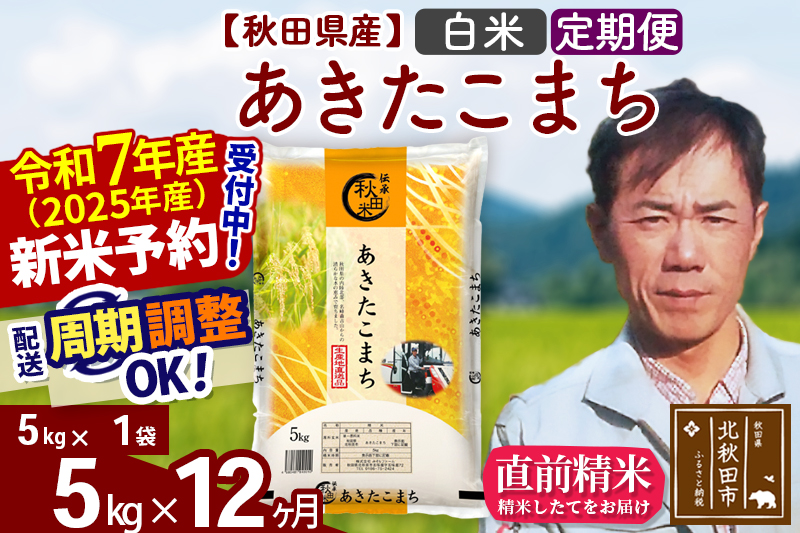 ※令和7年産 新米予約※《定期便12ヶ月》秋田県産 あきたこまち 5kg【白米】(5kg小分け袋) 2025年産 お届け周期調整可能 隔月に調整OK お米 みそらファーム