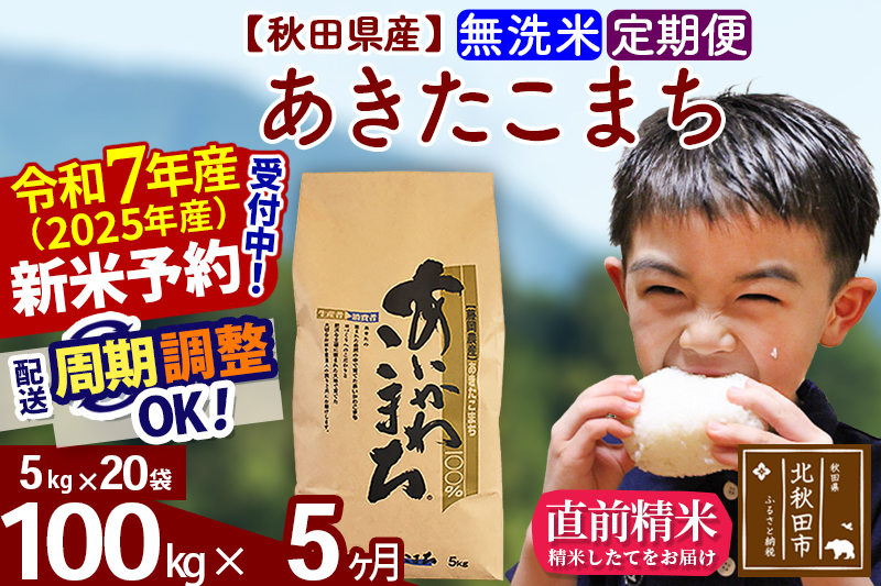 ※令和7年産 新米※《定期便5ヶ月》秋田県産 あきたこまち 100kg【無洗米】(5kg小分け袋) 2025年産 お届け時期選べる お届け周期調整可能 隔月に調整OK お米 藤岡農産