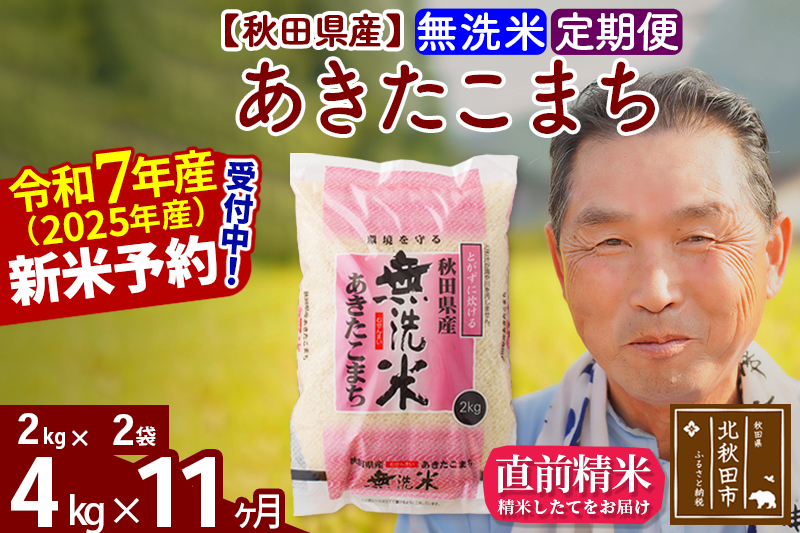 ※令和7年産 新米予約※《定期便11ヶ月》秋田県産 あきたこまち 4kg【無洗米】(2kg小分け袋) 2025年産 お届け時期選べる お届け周期調整可能 隔月に調整OK お米 おおもり