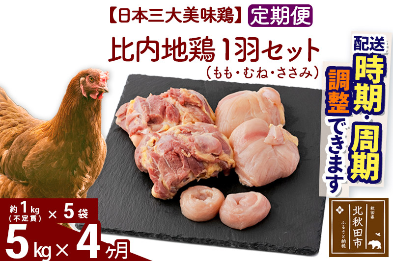 《定期便4ヶ月》 比内地鶏 1羽セット（もも・むね・ささみ） 約5kg（約1kg（不定貫）×5袋）×4回 計20kg 時期選べる お届け周期調整可能 4か月 4ヵ月 4カ月 4ケ月 20キロ 国産 冷凍 正肉 鶏肉 鳥肉