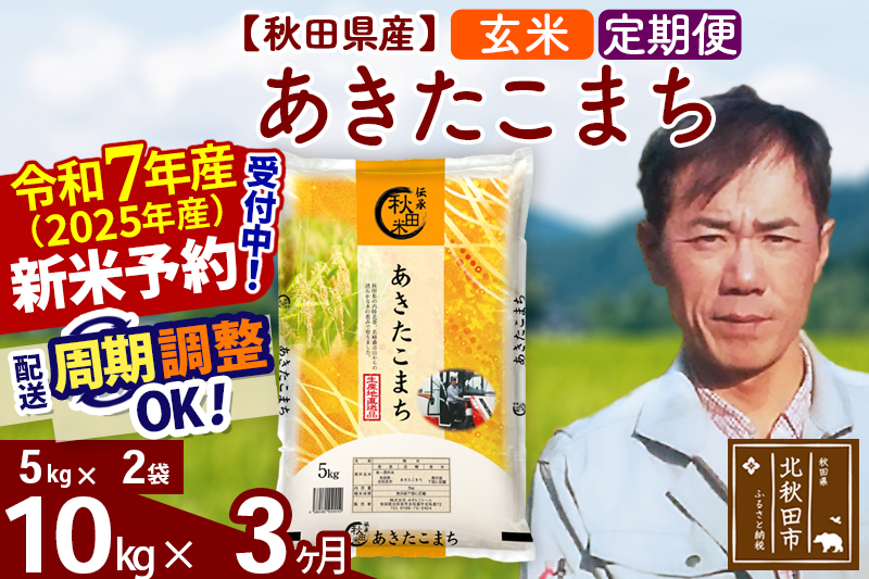 ※令和7年産 新米予約※《定期便3ヶ月》秋田県産 あきたこまち 10kg【玄米】(5kg小分け袋) 2025年産 お届け周期調整可能 隔月に調整OK お米 みそらファーム