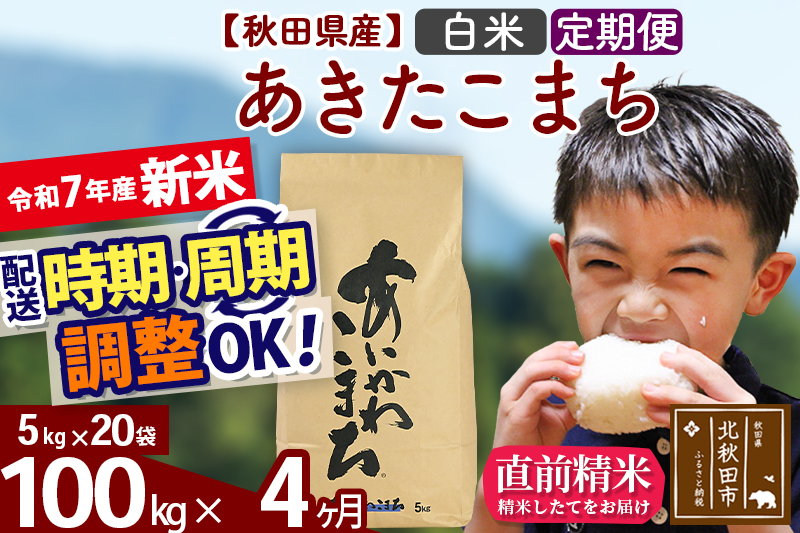 ※令和7年産 新米※《定期便4ヶ月》秋田県産 あきたこまち 100kg【白米】(5kg小分け袋) 2025年産 お届け時期選べる お届け周期調整可能 隔月に調整OK お米 藤岡農産