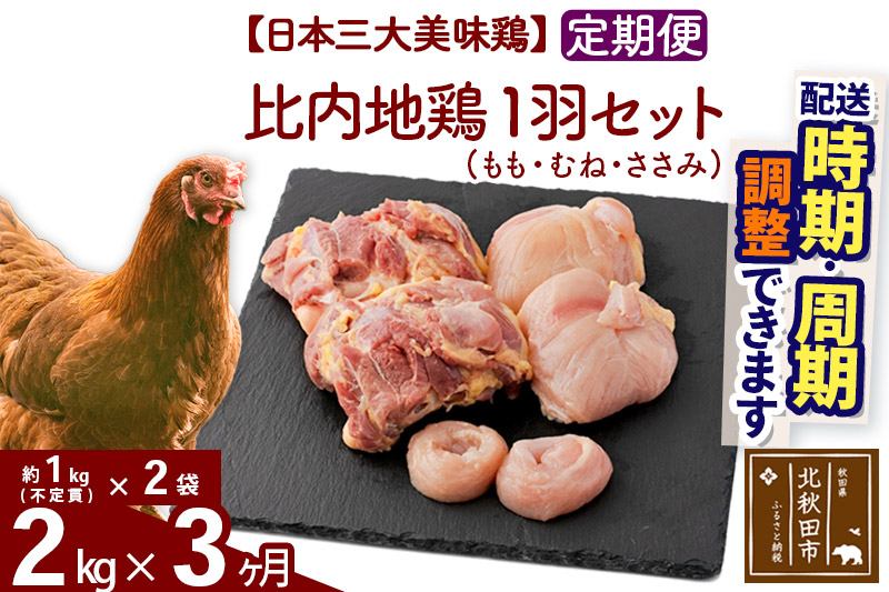 《定期便3ヶ月》 比内地鶏 1羽セット（もも・むね・ささみ） 約2kg（約1kg（不定貫）×2袋）×3回 計6kg 時期選べる お届け周期調整可能 3か月 3ヵ月 3カ月 3ケ月 6キロ 国産 冷凍 正肉 鶏肉 鳥肉