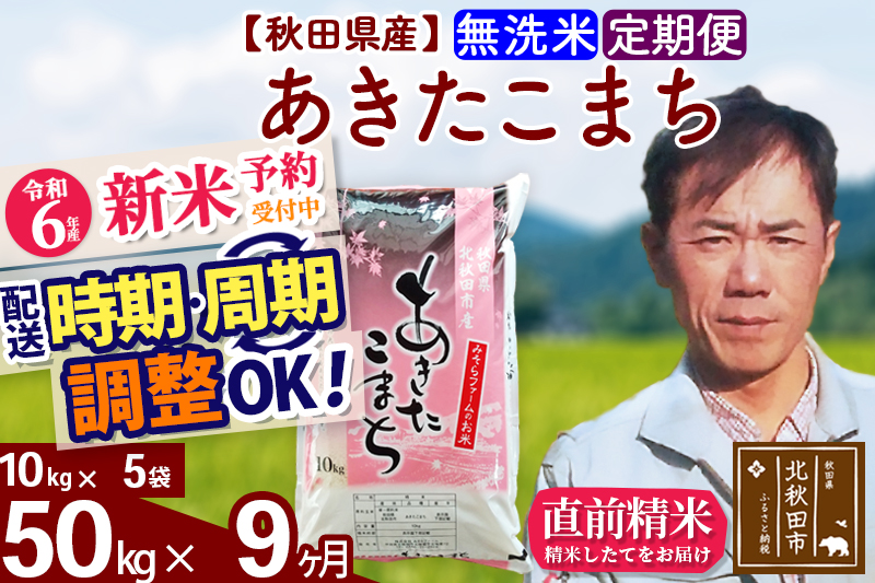 ※令和6年産 新米予約※《定期便9ヶ月》秋田県産 あきたこまち 50kg【無洗米】(10kg袋) 2024年産 お届け時期選べる お届け周期調整可能 隔月に調整OK お米 みそらファーム