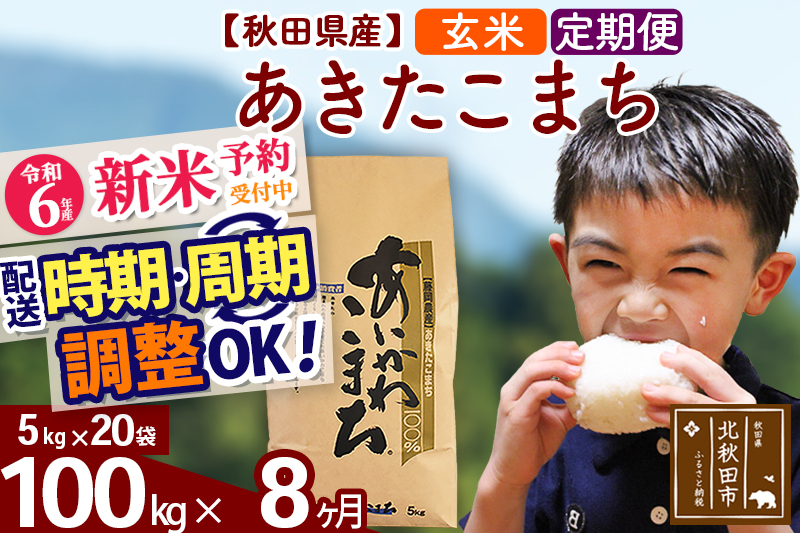 ※令和6年産 新米予約※《定期便8ヶ月》秋田県産 あきたこまち 100kg【玄米】(5kg小分け袋) 2024年産 お届け時期選べる お届け周期調整可能 隔月に調整OK お米 藤岡農産