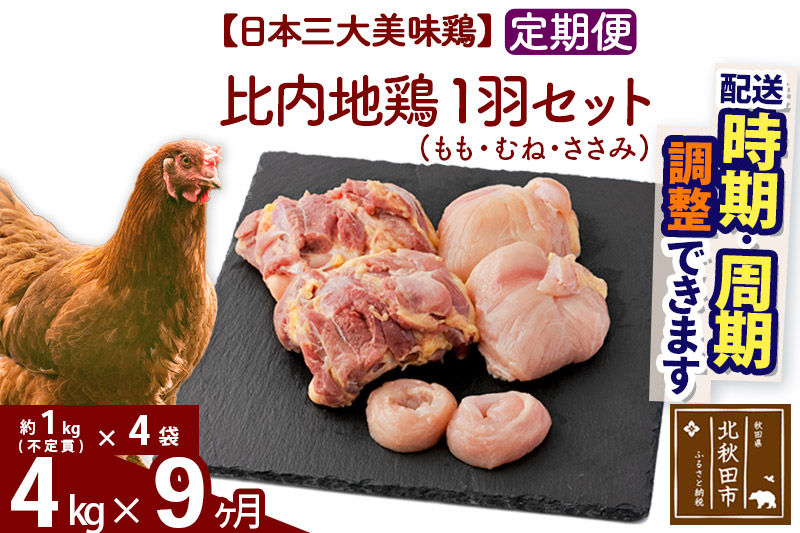 《定期便9ヶ月》 比内地鶏 1羽セット（もも・むね・ささみ） 約4kg（約1kg（不定貫）×4袋）×9回 計36kg 時期選べる お届け周期調整可能 9か月 9ヵ月 9カ月 9ケ月 36キロ 国産 冷凍 正肉 鶏肉 鳥肉