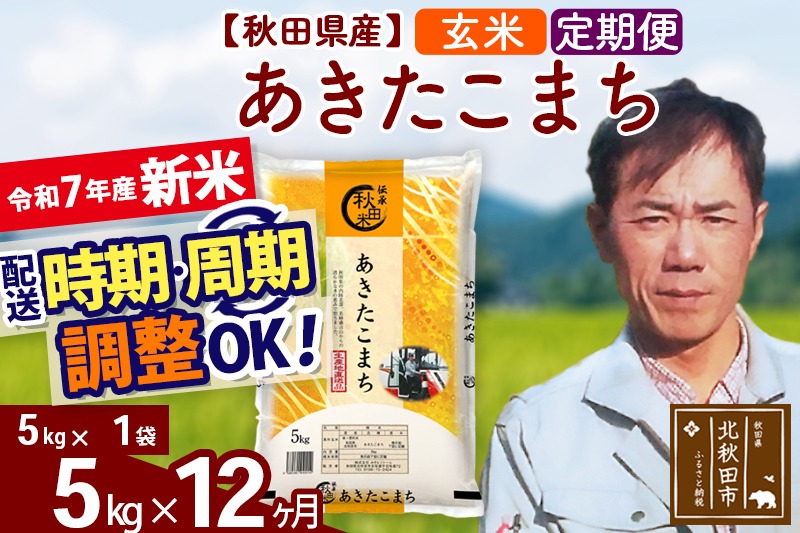 ※令和7年産 新米※《定期便12ヶ月》秋田県産 あきたこまち 5kg【玄米】(5kg小分け袋) 2025年産 お届け時期選べる お届け周期調整可能 隔月に調整OK お米 みそらファーム