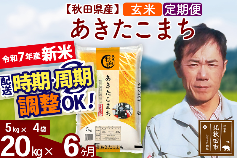 ※令和7年産 新米※《定期便6ヶ月》秋田県産 あきたこまち 20kg【玄米】(5kg小分け袋) 2025年産 お届け時期選べる お届け周期調整可能 隔月に調整OK お米 みそらファーム