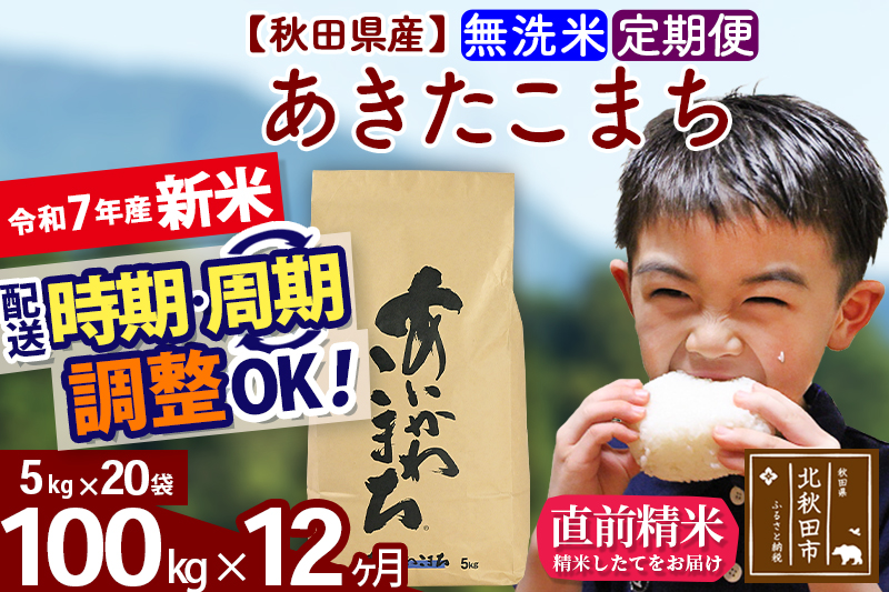 ※令和7年産 新米※《定期便12ヶ月》秋田県産 あきたこまち 100kg【無洗米】(5kg小分け袋) 2025年産 お届け時期選べる お届け周期調整可能 隔月に調整OK お米 藤岡農産