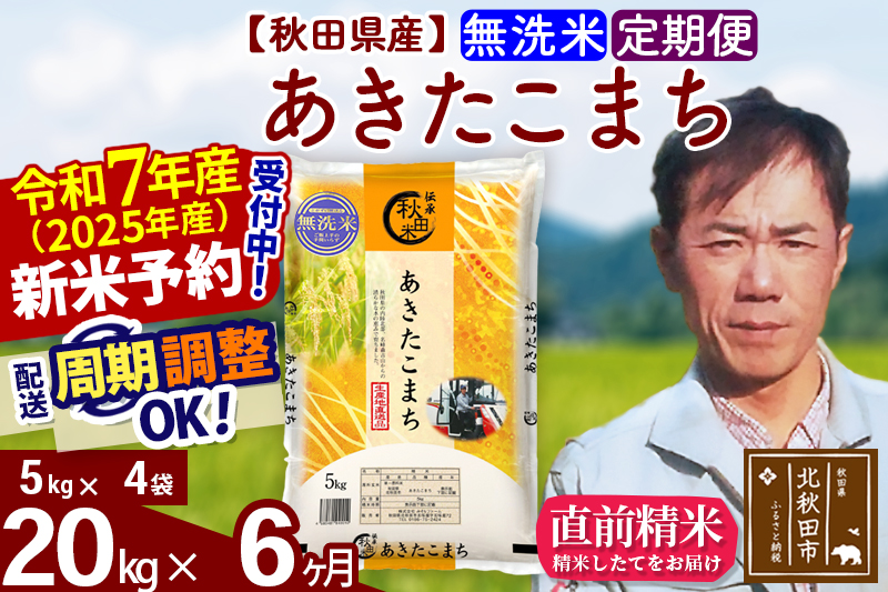 ※令和7年産 新米予約※《定期便6ヶ月》秋田県産 あきたこまち 20kg【無洗米】(5kg小分け袋) 2025年産 お届け周期調整可能 隔月に調整OK お米 みそらファーム