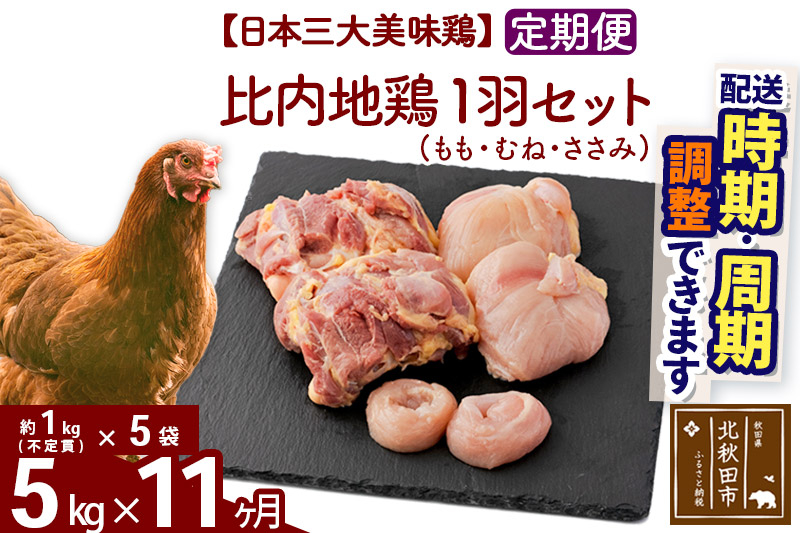 《定期便11ヶ月》 比内地鶏 1羽セット（もも・むね・ささみ） 約5kg（約1kg（不定貫）×5袋）×11回 計55kg 時期選べる お届け周期調整可能 11か月 11ヵ月 11カ月 11ケ月 55キロ 国産 冷凍 正肉 鶏肉 鳥肉