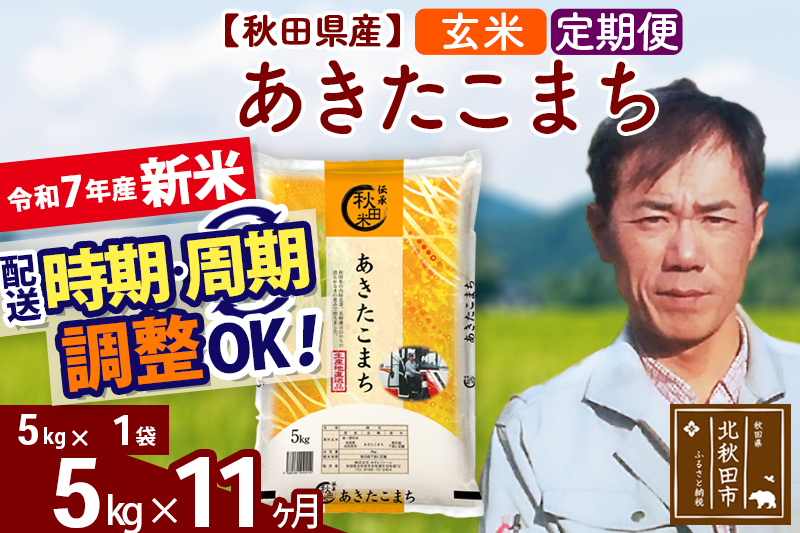 ※令和7年産 新米※《定期便11ヶ月》秋田県産 あきたこまち 5kg【玄米】(5kg小分け袋) 2025年産 お届け時期選べる お届け周期調整可能 隔月に調整OK お米 みそらファーム