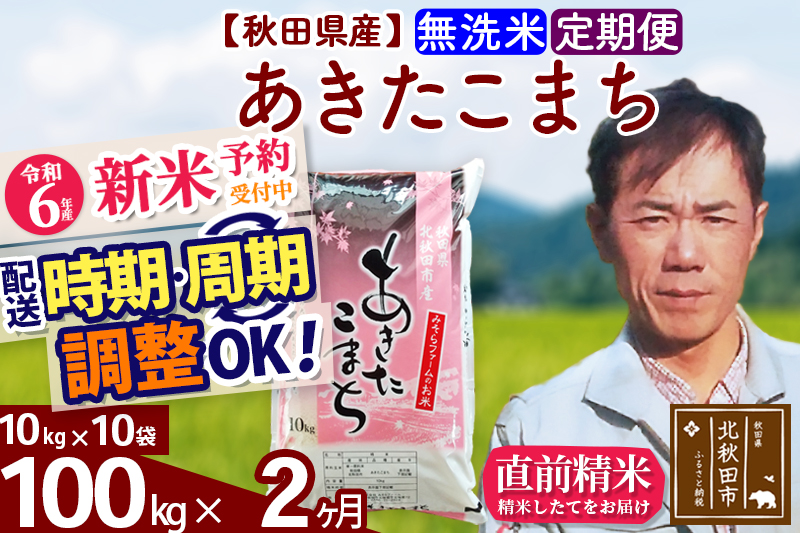 ※令和6年産 新米予約※《定期便2ヶ月》秋田県産 あきたこまち 100kg【無洗米】(10kg袋) 2024年産 お届け時期選べる お届け周期調整可能 隔月に調整OK お米 みそらファーム