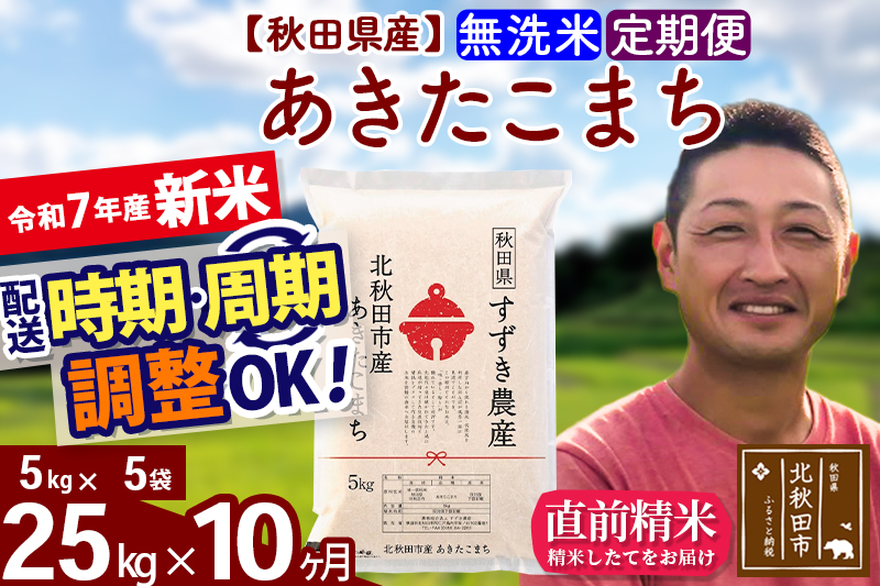 ※令和7年産 新米※《定期便10ヶ月》秋田県産 あきたこまち 25kg【無洗米】(5kg小分け袋) 2025年産 お届け時期選べる お届け周期調整可能 隔月に調整OK お米 すずき農産