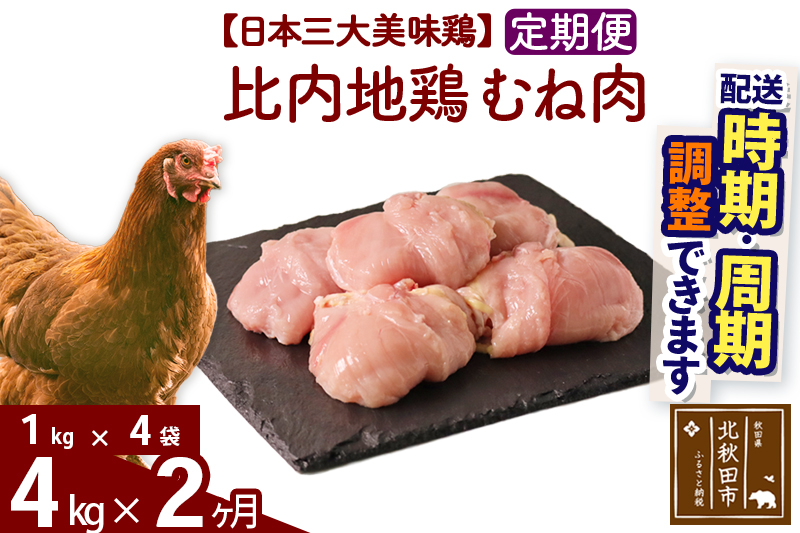 《定期便2ヶ月》 比内地鶏 むね肉 4kg（1kg×4袋）×2回 計8kg 時期選べる お届け周期調整可能 3か月 3ヵ月 3カ月 3ケ月 12キロ 国産 冷凍 鶏肉 鳥肉 とり肉 ムネ肉