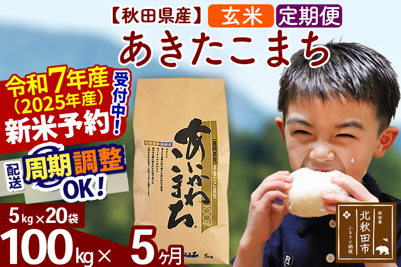 ※令和7年産 新米※《定期便5ヶ月》秋田県産 あきたこまち 100kg【玄米】(5kg小分け袋) 2025年産 お届け時期選べる お届け周期調整可能 隔月に調整OK お米 藤岡農産