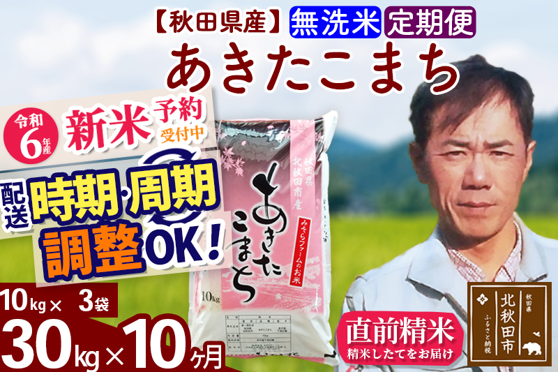 ※令和6年産 新米予約※《定期便10ヶ月》秋田県産 あきたこまち 30kg【無洗米】(10kg袋) 2024年産 お届け時期選べる お届け周期調整可能 隔月に調整OK お米 みそらファーム