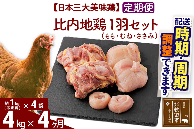 《定期便4ヶ月》 比内地鶏 1羽セット（もも・むね・ささみ） 約4kg（約1kg（不定貫）×4袋）×4回 計16kg 時期選べる お届け周期調整可能 4か月 4ヵ月 4カ月 4ケ月 16キロ 国産 冷凍 正肉 鶏肉 鳥肉