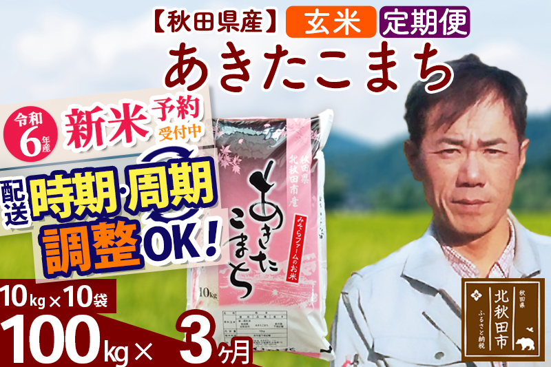 ※令和6年産 新米予約※《定期便3ヶ月》秋田県産 あきたこまち 100kg【玄米】(10kg袋) 2024年産 お届け時期選べる お届け周期調整可能 隔月に調整OK お米 みそらファーム