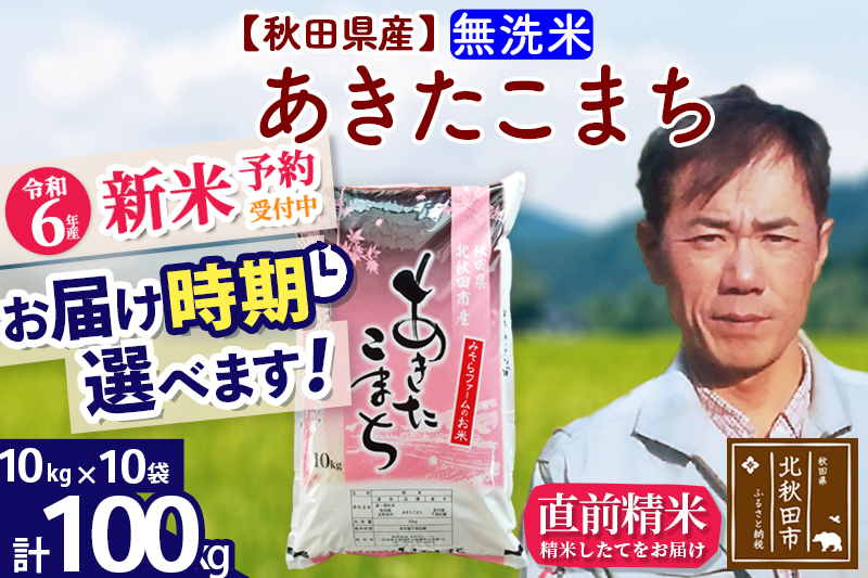 ※令和6年産 新米予約※秋田県産 あきたこまち 100kg【無洗米】(10kg袋)【1回のみお届け】2024産 お届け時期選べる お米 みそらファーム