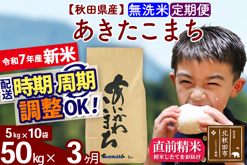 ※令和7年産 新米※《定期便3ヶ月》秋田県産 あきたこまち 50kg【無洗米】(5kg小分け袋) 2025年産 お届け時期選べる お届け周期調整可能 隔月に調整OK お米 藤岡農産