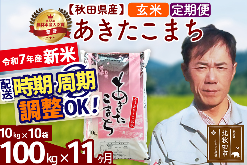 ※令和7年産 新米※《定期便11ヶ月》秋田県産 あきたこまち 100kg【玄米】(10kg袋) 2025年産 お届け時期選べる お届け周期調整可能 隔月に調整OK お米 みそらファーム