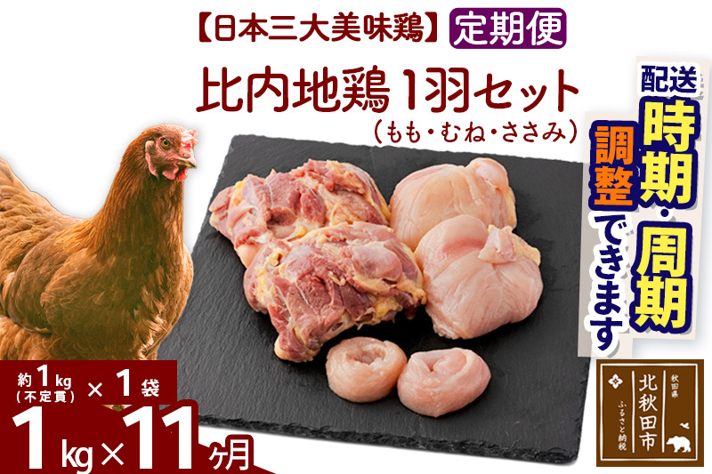 《定期便11ヶ月》 比内地鶏 1羽セット（もも・むね・ささみ） 約1kg（約1kg（不定貫）×1袋）×11回 計11kg 時期選べる お届け周期調整可能 11か月 11ヵ月 11カ月 11ケ月 11キロ 国産 冷凍 正肉 鶏肉 鳥肉