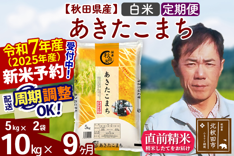 ※令和7年産 新米予約※《定期便9ヶ月》秋田県産 あきたこまち 10kg【白米】(5kg小分け袋) 2025年産 お届け周期調整可能 隔月に調整OK お米 みそらファーム