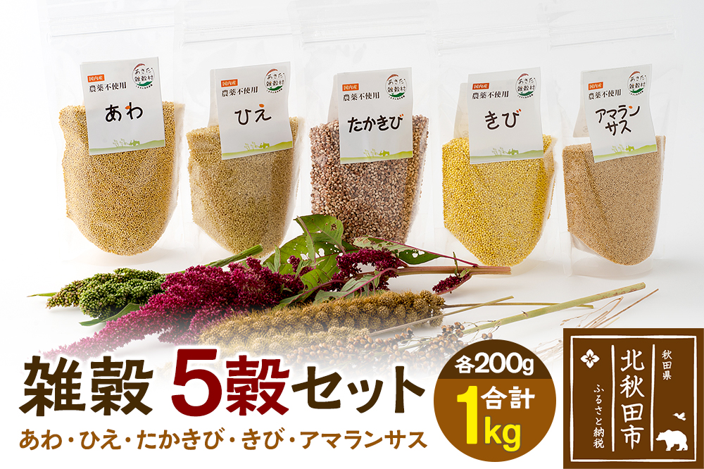 雑穀 5穀セット 計1kg（あわ200g ひえ200g たかきび200g きび200g アマランサス200g） 農薬不使用 無農薬 ご飯に混ぜて炊くだけ 国産 国内産