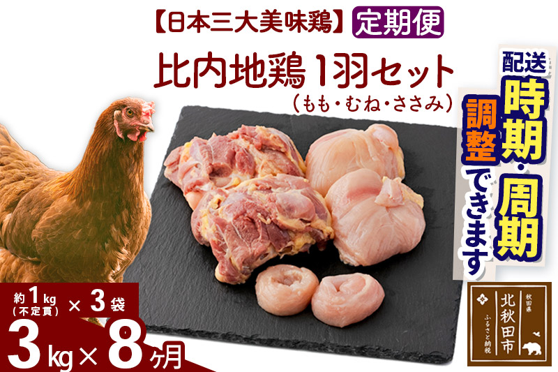 《定期便8ヶ月》 比内地鶏 1羽セット（もも・むね・ささみ） 約3kg（約1kg（不定貫）×3袋）×8回 計24kg 時期選べる お届け周期調整可能 8か月 8ヵ月 8カ月 8ケ月 24キロ 国産 冷凍 正肉 鶏肉 鳥肉