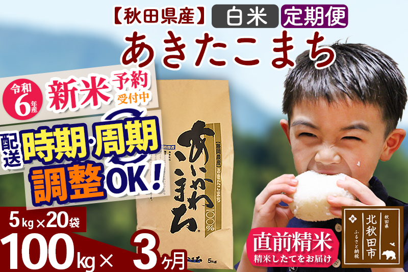 ※令和6年産 新米予約※《定期便3ヶ月》秋田県産 あきたこまち 100kg【白米】(5kg小分け袋) 2024年産 お届け時期選べる お届け周期調整可能 隔月に調整OK お米 藤岡農産