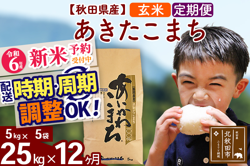 ※令和6年産 新米予約※《定期便12ヶ月》秋田県産 あきたこまち 25kg【玄米】(5kg小分け袋) 2024年産 お届け時期選べる お届け周期調整可能 隔月に調整OK お米 藤岡農産