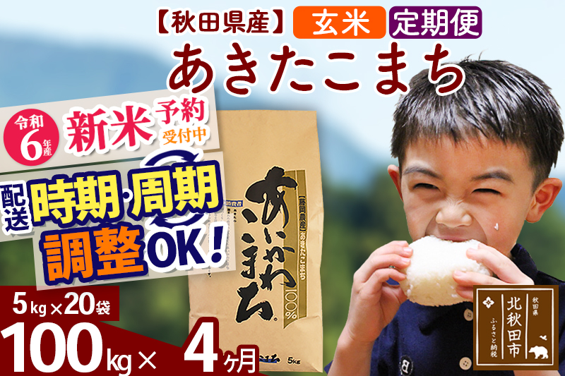 ※令和6年産 新米予約※《定期便4ヶ月》秋田県産 あきたこまち 100kg【玄米】(5kg小分け袋) 2024年産 お届け時期選べる お届け周期調整可能 隔月に調整OK お米 藤岡農産