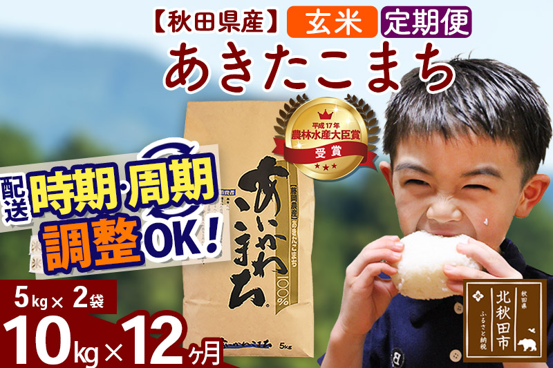 《定期便12ヶ月》 秋田県産あきたこまち10kg(5kg×2袋) 玄米 [選べる配送時期] 令和4年産  あいかわこまち 米 お米 定期便